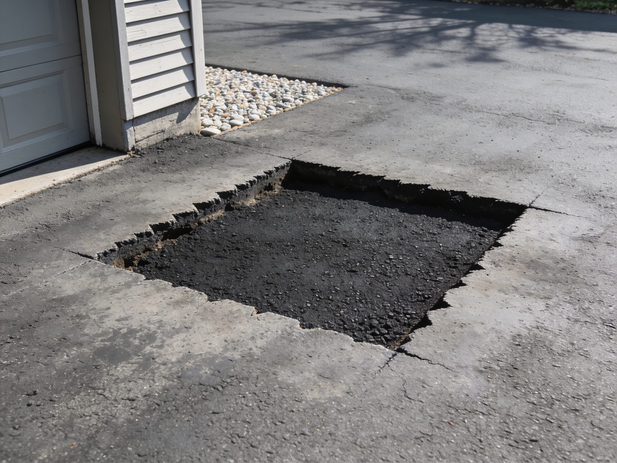 A rebuilt asphalt patch where a sunken area of driveway was dug out