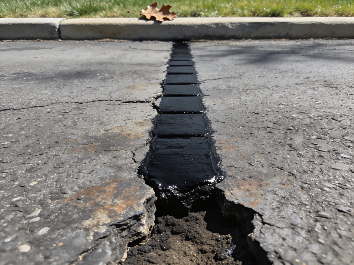 A crack in an asphalt driveway filled flush with black rubberised crack sealant