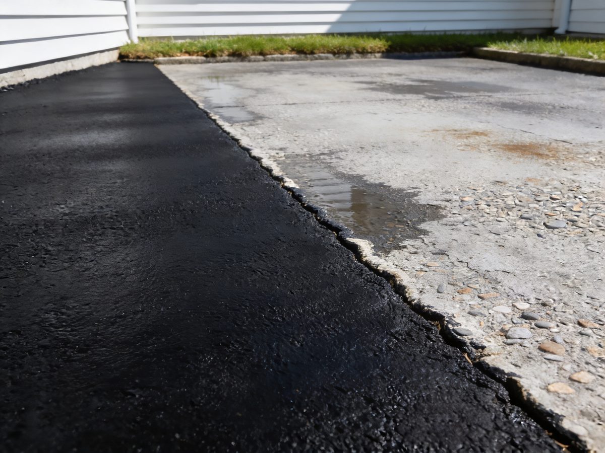An asphalt driveway with one half freshly sealcoated black and the other half still weathered grey