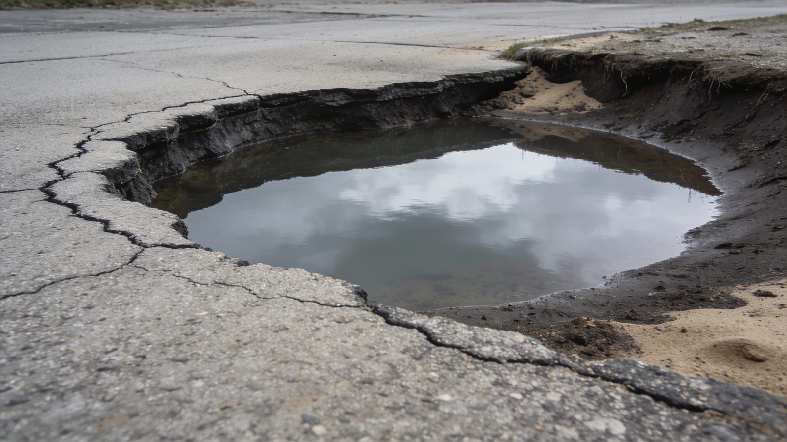 A shallow depression in an old asphalt driveway holding standing water