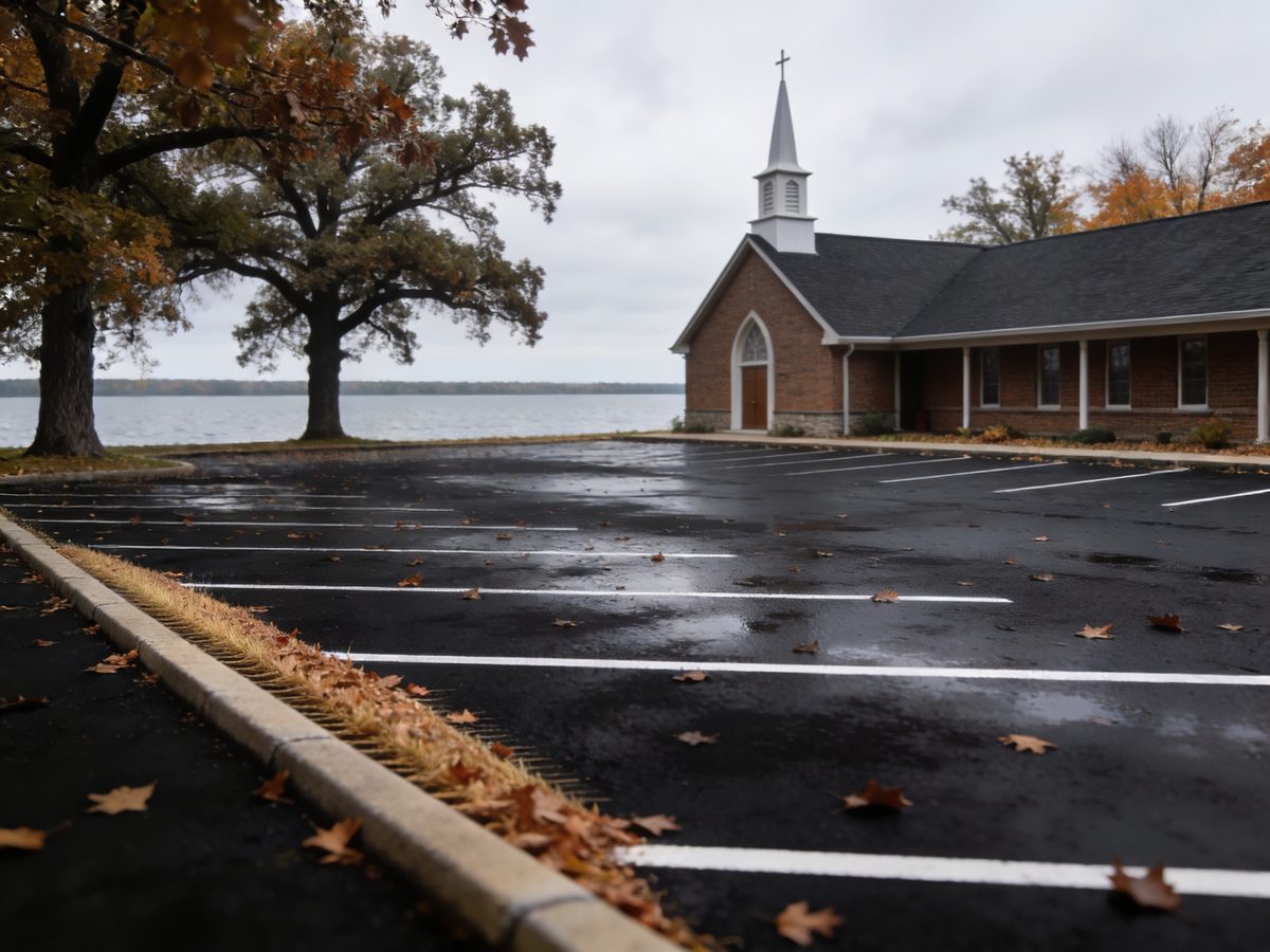 A sealed and striped parking lot with wet autumn leaves along the kerb